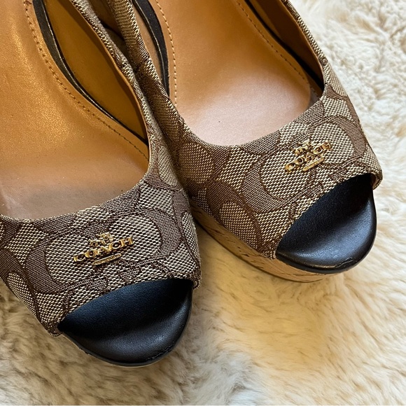 Coach Ferry Logo Monogram Canvas Slingback Cork Wedge - Picture 3 of 11